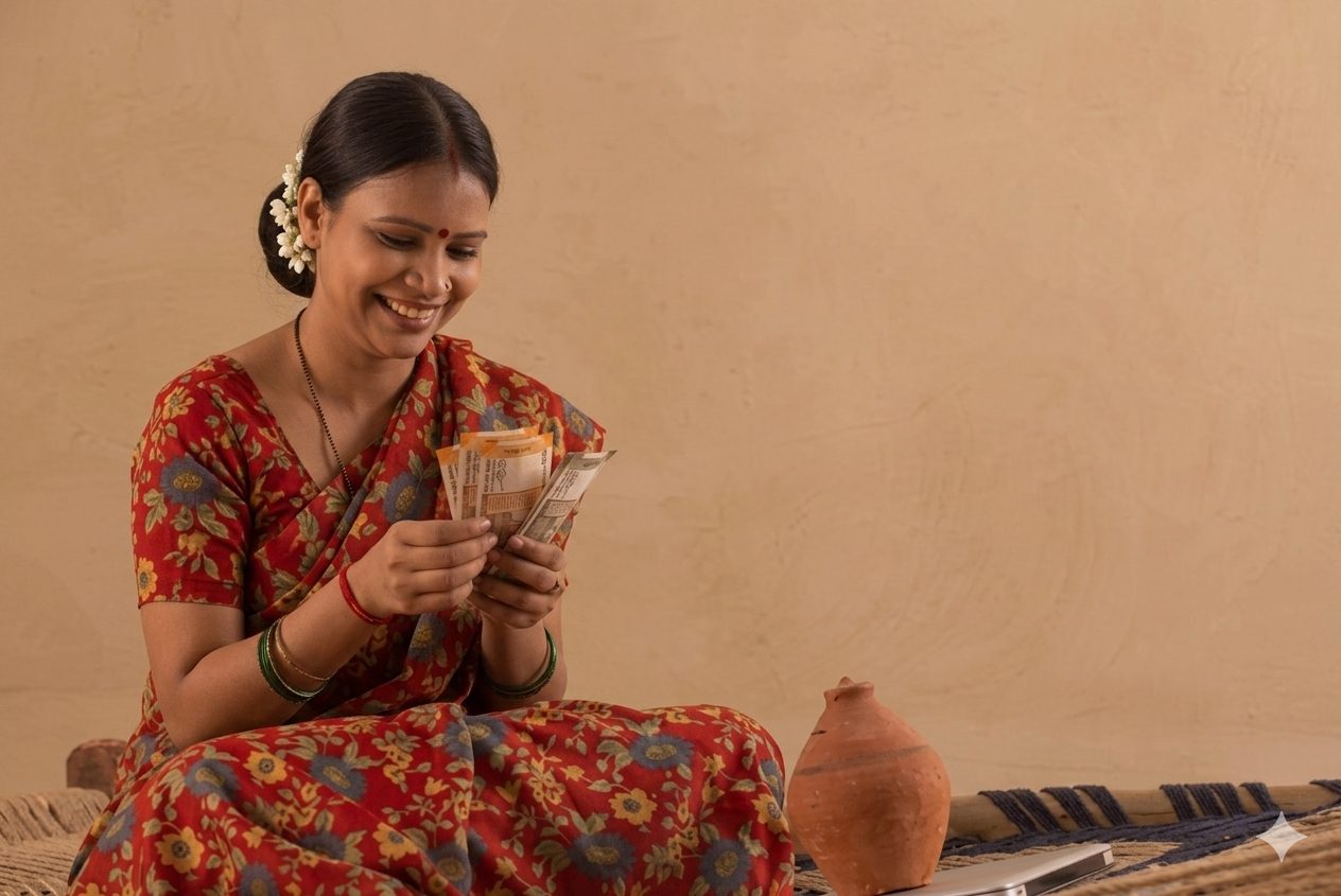 A woman counting her savings at home — everyday money management supported by Aagraha
