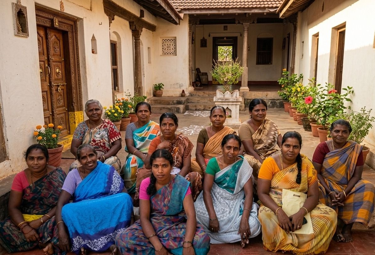 A Self Help Group of women meeting in a village courtyard in Tamil Nadu